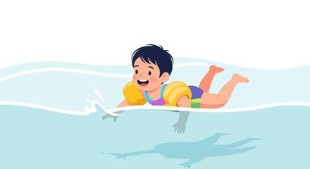 Joyful Child Swimming Confidently in a Pool with Arm Floats During Summer Vacation