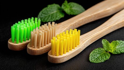 Three bamboo toothbrushes with vibrant colored bristles, next to fresh mint leaves on a dark background