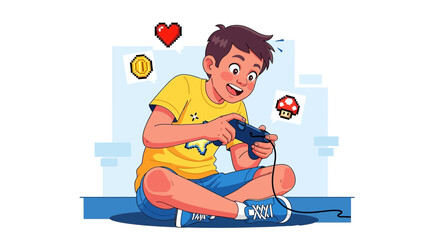 Fototapeta premium Joyful Young Boy Immersed In a Video Game Session with Controller and Pixel Icons