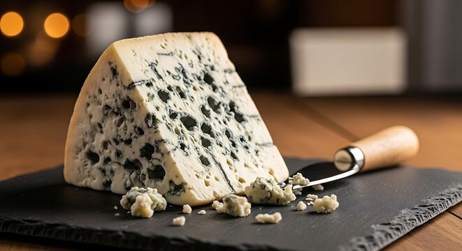 A wedge of blue cheese with a knife on a slate board, perfect for food photography