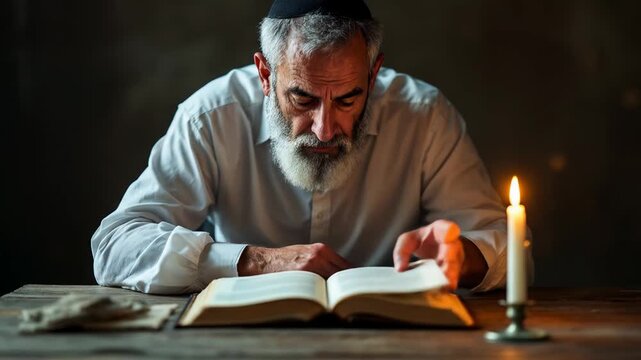 Observant jewish man reading torah by candlelight, commemorating yom kippur