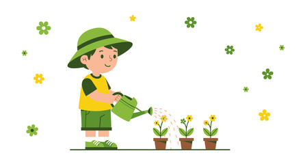 Joyful Young Gardener Waters Blossoming Posies With Cheerful Mien Outdoors