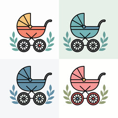 Colorful Baby Stroller Icon Set – Vector Illustration