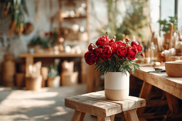 A stunning bouquet of red flowers is elegantly exposed in a white ceramic vase on a derived wooden chair in a charming cafe, ideal for romantic restaurants and concepts of cozy hospitality