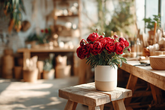 A stunning bouquet of red flowers is elegantly exposed in a white ceramic vase on a derived wooden chair in a charming cafe, ideal for romantic restaurants and concepts of cozy hospitality
