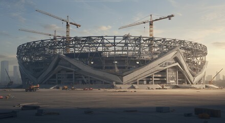 Naklejka premium Dramatic Sunset View of a Modern Stadium Under Construction