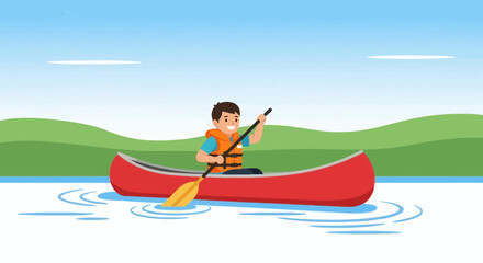 Joyful Youngster Paddles Recreational Kayak Across Tranquil Freshwater Body