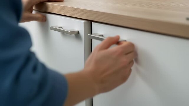 Hands testing the gentle motion of a cabinet door after installing softclose hinges emphasizing quiet and effortless closing action.
