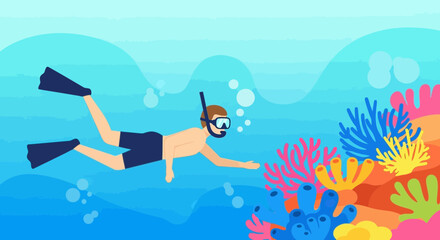 Fototapeta premium Vibrant Scuba Diver Exploring Colorful Reef Surrounded by Bubbles in Deep Blue Ocean
