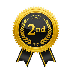 Gold medal for second place with black ribbon isolated on transparent background