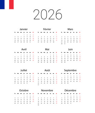 French 2026 calendar. Vector illustration design template start from monday. Full months for wall calendar. isolated wall background.