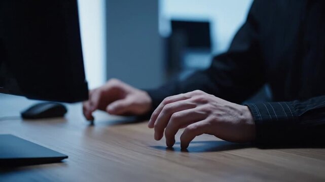 A stressed office worker anxiously tapping his fingers on the wooden table, feeling impatient and nervous while working late at night on his computer
