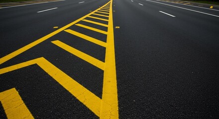 Highway with yellow directional markings and white lane lines