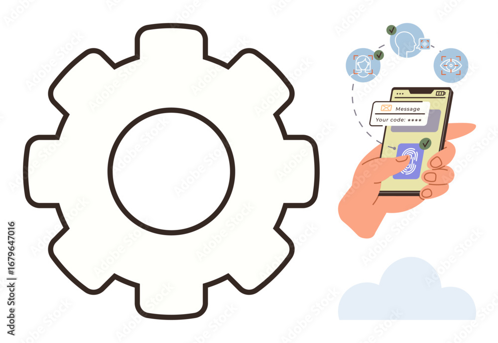 Poster gear icon, hand using smartphone for two-factor authentication. ideal for technology, security, auto