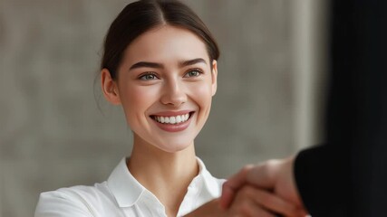 The video depicts a cheerful businesswoman in an office environment, engaged in a handshake with another person, signifying trust and professional agreement.