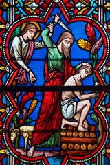 Stained glass (19th century) of Abraham is stopped by an angel as he prepares to sacrifice his only...