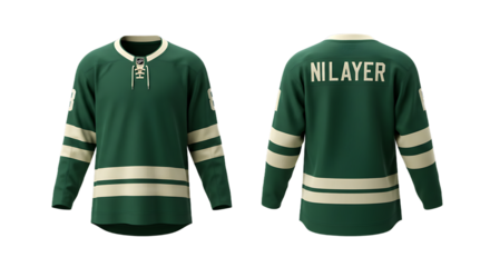 Dark Green Ice Hockey Jersey with Custom Name NILAYER and Number 8, Front and Back Views, Cream Stripes and Laced Collar, Transparent Background