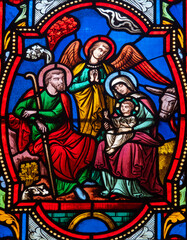 Stained glass (19th century) of Christmas Nativity Scene with Virgin Mary, Saint Joseph, and Jesus...
