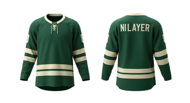 Dark Green Ice Hockey Jersey with Custom Name NILAYER and Number 8, Front and Back Views, Cream Stripes and Laced Collar, Transparent Background
