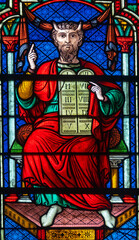 Stained glass (19th century) of Book of Exodus : Moses with tablets of the Law.