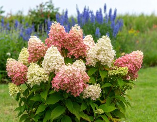Vibrant pink and white hydrangea blossoms in a garden setting