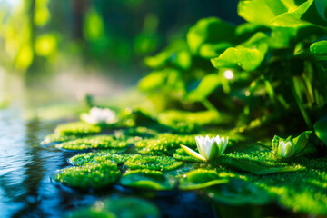 Fototapeta na wymiar Murky swamp water with floating lily pads and a gentle mist creating a mysterious and atmospheric natural landscape and serene backdrop