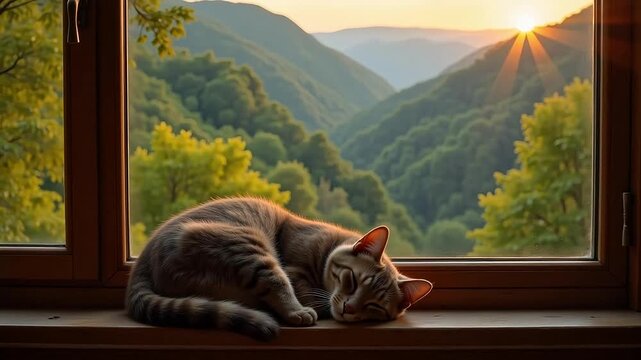 Peaceful cat naps on a windowsill with a breathtaking mountain valley sunrise view.