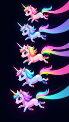 Cute Rainbow Unicorn Wallpaper: Five Magical Ponies in Flight, Neon Style