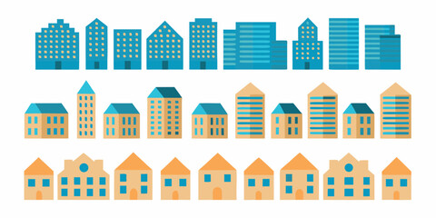 Collection of stylized flat design buildings including skyscrapers townhouses and houses in blue and orange colors