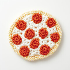 A whimsical crocheted pizza, showcasing a creative and handcrafted culinary delight.