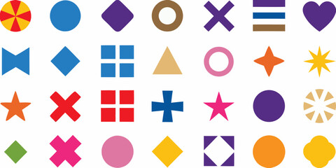 Collection of colorful geometric shapes and symbols arranged in a grid pattern on a white background