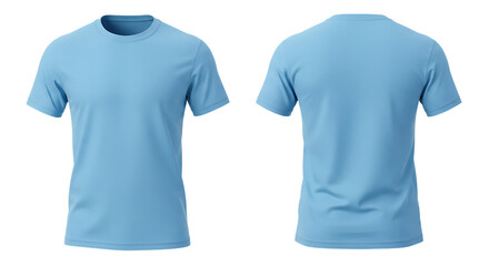 Blank Light Blue Crew Neck T-Shirt Front and Back Views Mockup on Transparent Background