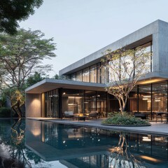 Modern luxury villa with pool and landscaped garden at sunset