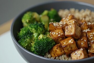 Delicious quinoa bowl with sesame tofu and steamed broccoli served in a grey bowl for a healthy meal option