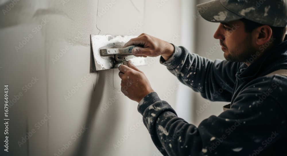 Poster professional plasterer using trowel to create a smooth fullwall skim coat finish focusing on techniq