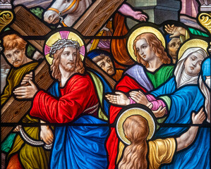 Stained glass (1914) of The Way of the Cross. Fourth station: Jesus meets his Blessed Mother.