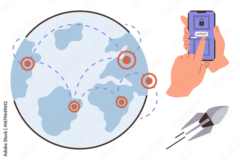 Poster hand using smartphone with lock icon, world map with location points, and rocket. ideal for technolo