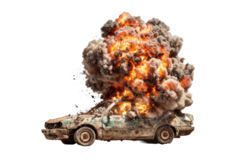 Exploding Car with Fireball on Transparent Background