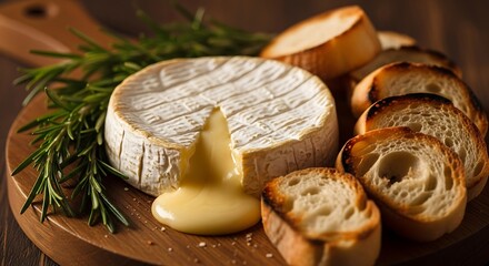 Warm and gooey baked Camembert cheese with a creamy, melted center served with crispy toasted bread and fresh rosemary