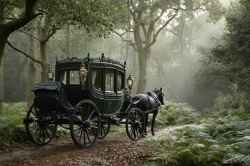 Fototapeta premium An ornate horse-drawn carriage on a mysterious, misty forest path, elegant.