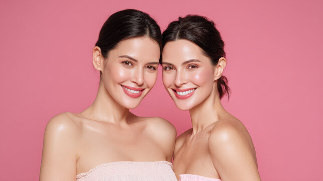 captivating portrait of two matching models radiating joy with their ultrabright smiles against clean background