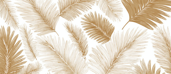 
Abstract beige and white pattern with palm leaves, seamless wallpaper design, white background, simple lines. 