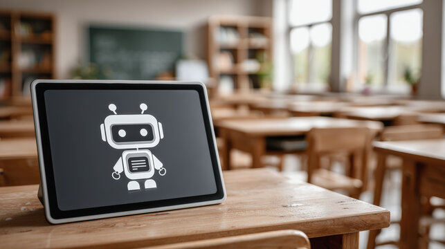 AI assistant tablet classroom wooden desk empty chairs chalkboard natural light education learning technology modern digital robot icon screen - Powered by Adobe