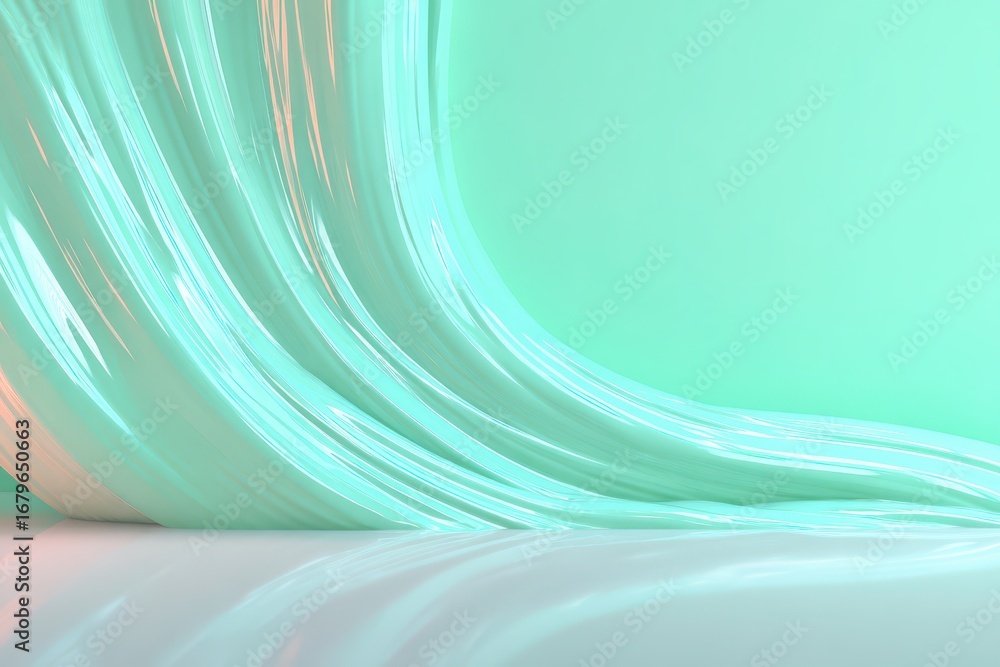 Poster abstract 3d render of flowing mint green waves reflecting on a glossy surface.