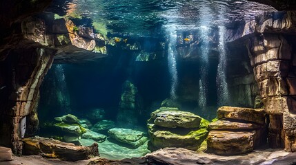 Stunning Underwater Cave Scene with Rocks and Fish