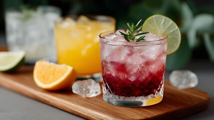 Colorful cocktails in glasses with ice and fresh fruits on a wooden board, close-up