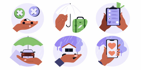 Set of illustrations depicting various types of insurance and protection services for cars travel and homes