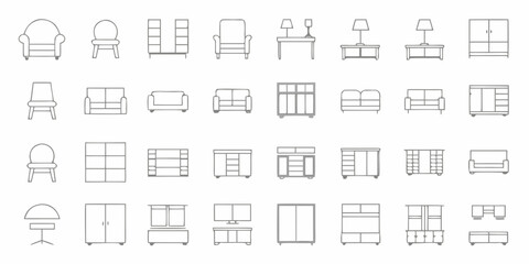 Collection of simple line art icons representing various furniture pieces and home decor items