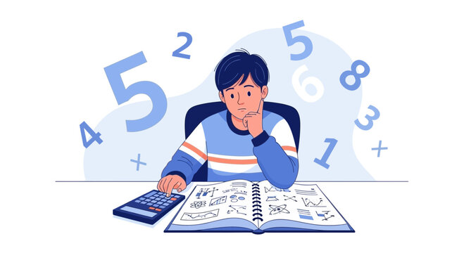 Illustration of a Young Man Doing Math at a Desk with a Calculator and Notebook