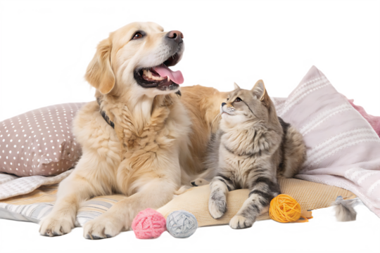 Joyful dog and cat relaxing together at home, cut out ON AI generated by PNG